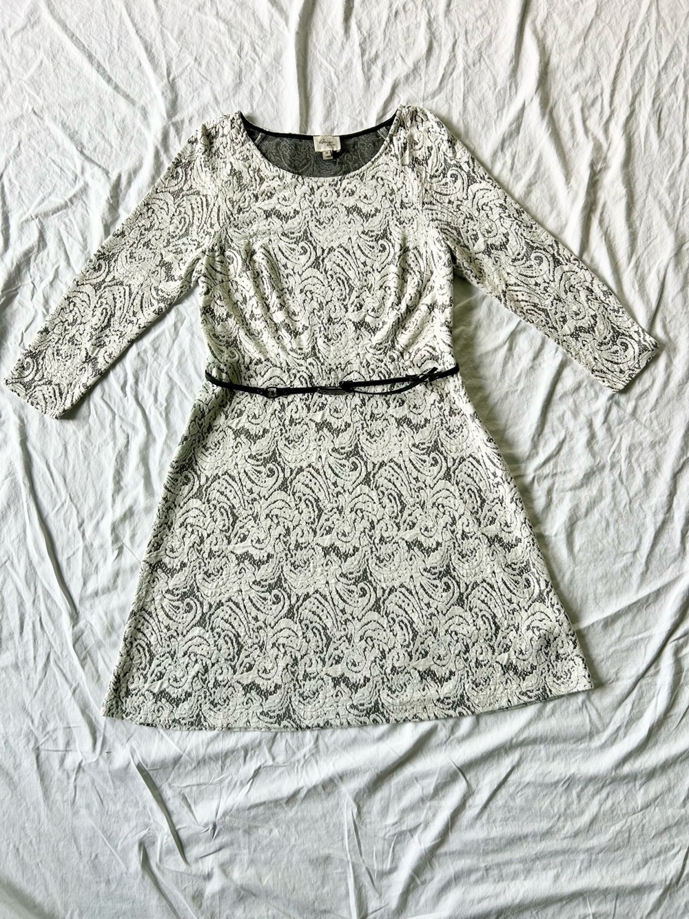 Beige By Eci Raglan Sleeve Lace Jacquard Belted Dress